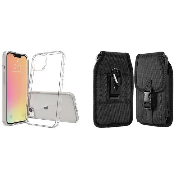 Bemz Case and Pouch Bundle for iPhone 14 Plus: Fusion Protector Slim Case (Transparent Clear) and Vertical Nylon Buckle Belt Holster