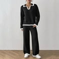 thumbnail image 6 of Lightweight Pullover Sweatsuit Womens 2 Piece Sweater Sets, Fall Winter Long Sleeve Lapel V-Neck Pullover and Wide Leg Long Pants Loungewear Warm Knit Outfits Black L, 6 of 7