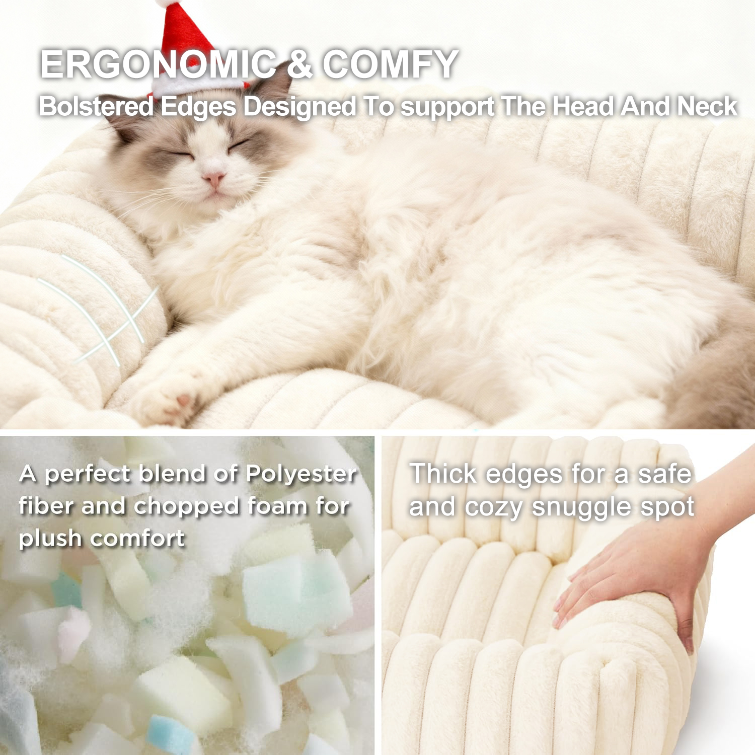Sanmadrola Cat Bed for Indoor Cats Furry Corduroy Fleece Orthopedic Pet Bed Sofa Removable Washable Cover Non Skid Bottom, White