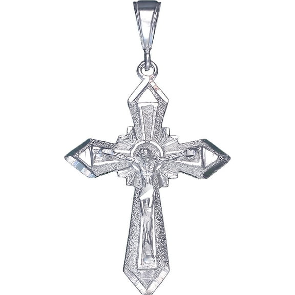 Sterling Silver Cross with Jesus Pendant Necklace Diamond Cut Finish and Chain