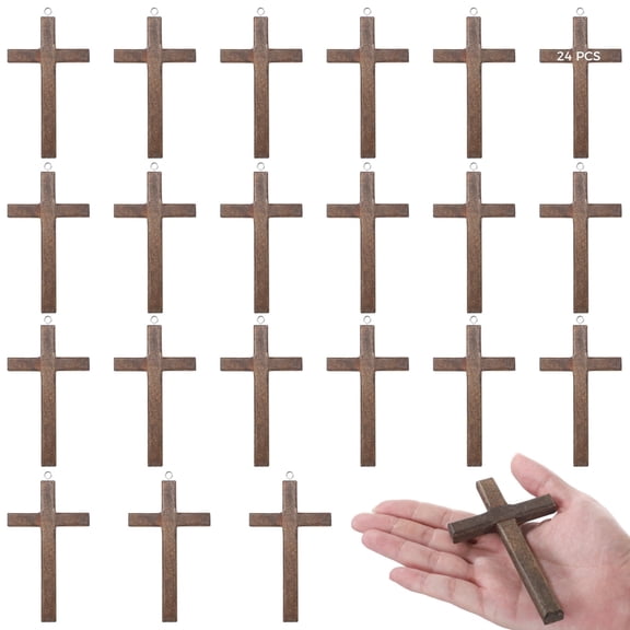 24 Pcs Handcrafted Wooden Pocket Prayer Crosses - Small T-Shaped Brown Wood Crosses | Bulk Crosses Set with Hanging Hooks for Religious Gifts, DIY Crafts & Prayer Group Favors