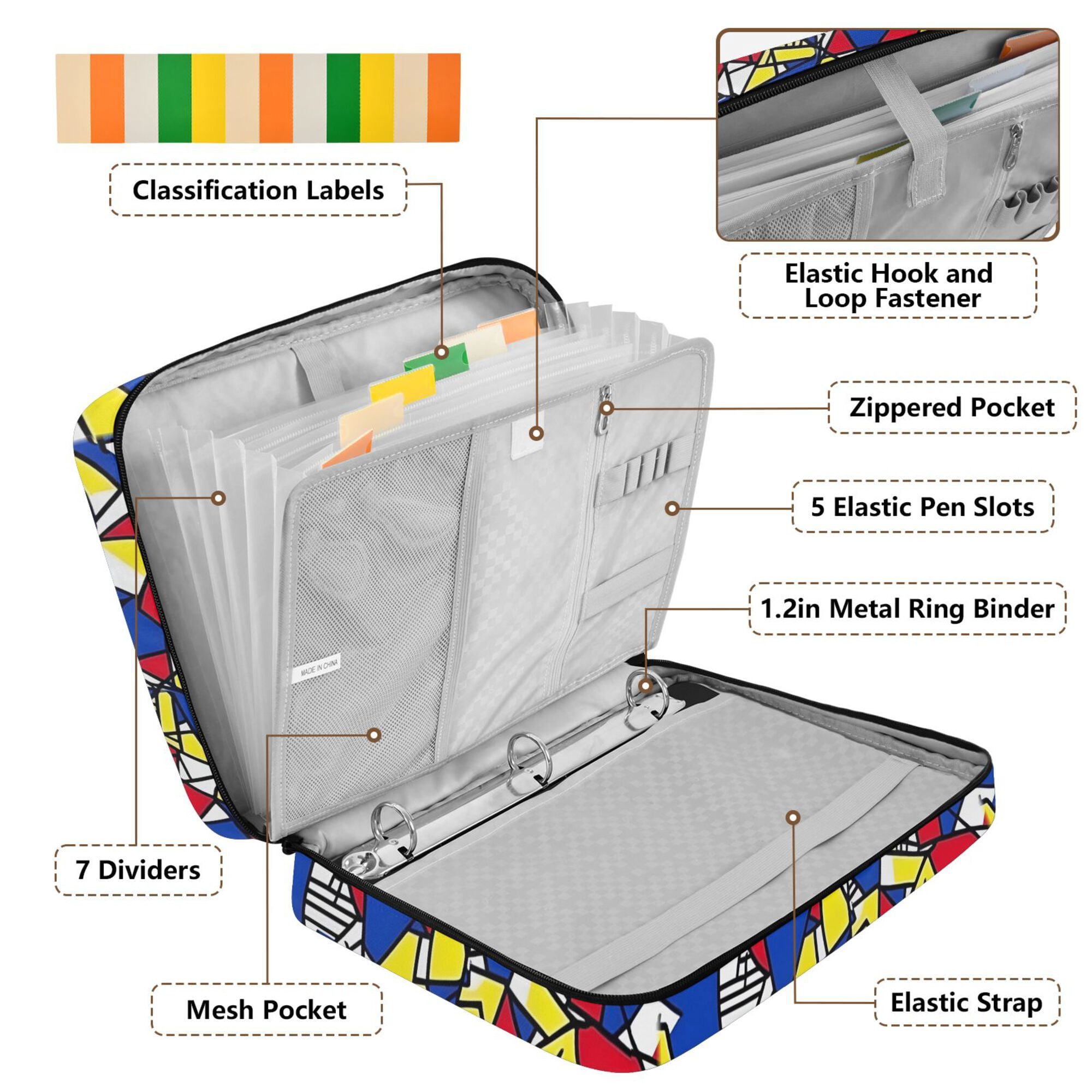 FORMRS Accordion File Folder A4 Size 7-Pocket Expanding Document Organizer Bag with 3 Ring Binder, Art Triangles