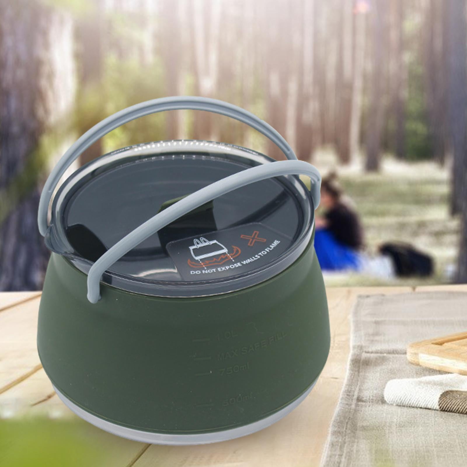 1L Compact Collapsible Camping Silicone Cooking Pot Travel Hiking Picnic Foldable Saucepan Kettle Boiler Gas Tea Pot Teapot Green