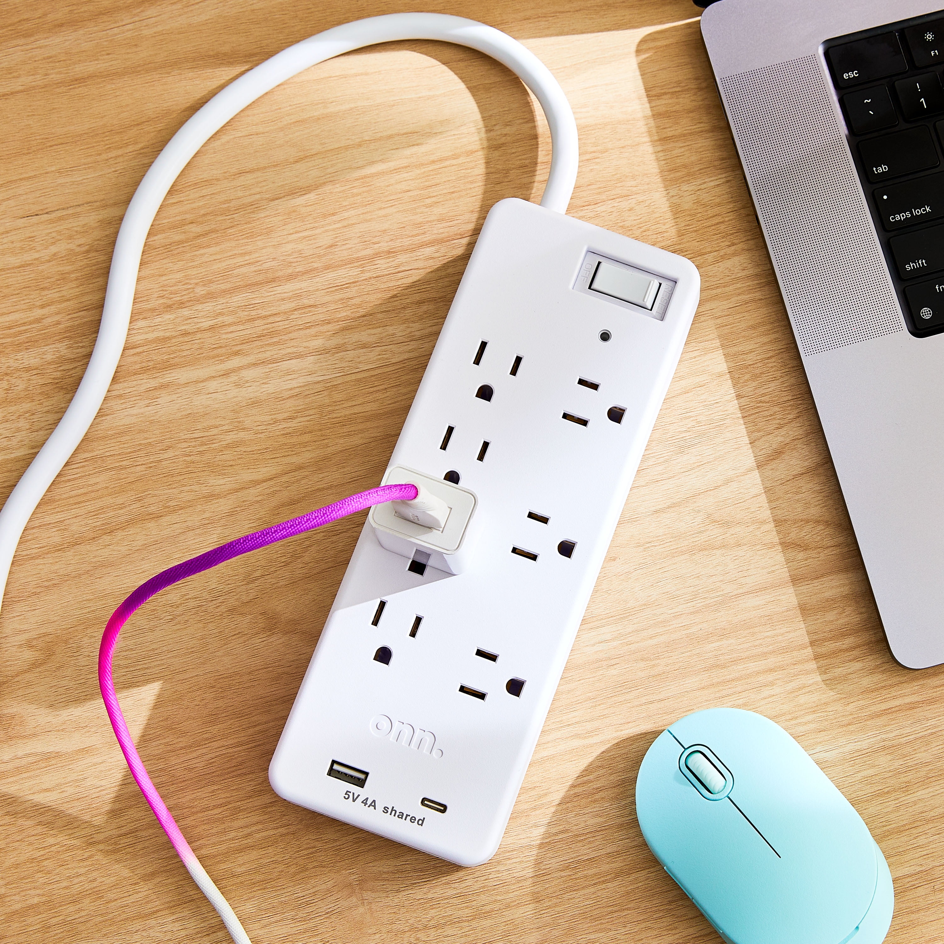 onn 7-Outlet Surge Protector with 1 USB Port, and 1 USB-C Port, and 2.5' Power Cord, White