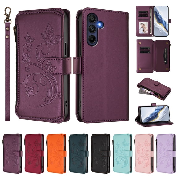 ELEHOLD Wallet Case For Samsung Galaxy S25 FE, Butterfly Flower Pattern Leather Flip Kickstand Card Holder Zipper Pocket Magnetic Closure Wallet Cover With Crossbody Strap Lanyard ,Darkpurple