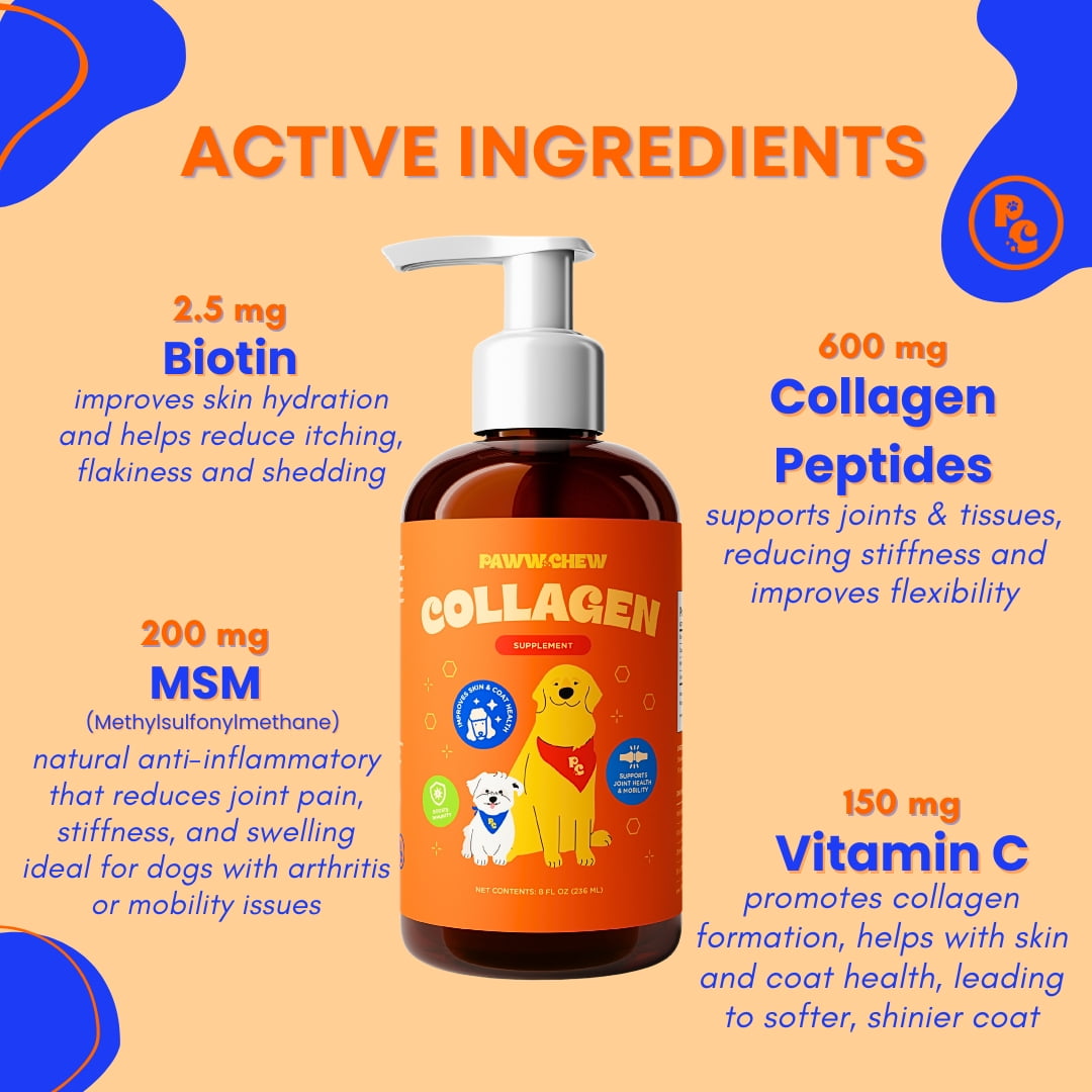 Paww Chew Liquid Collagen For Dogs - Hip & Joints Support, Skin and Coat Relief for Dogs With Dry Skin, Itch Relief, Allergy Support with Biotin, MSM and Vitamin C for Joint, Nails, Made in the USA
