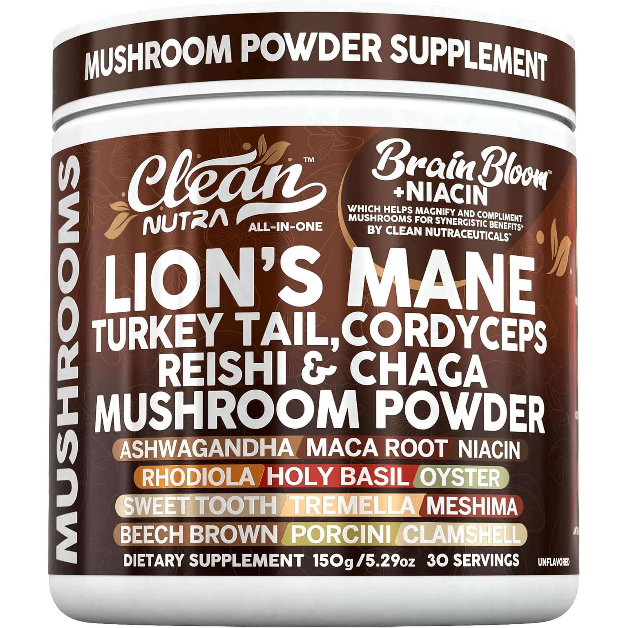 Clean Nutra Lion's Mane Turkey Tail Cordyceps Reishi Chaga Mushroom Powder + Ashwagandha Niacin Calm Stress Memory Adrenal Support Supplements Maca Rhodiola Holy Basil Apaptogen Supplement Unflavored