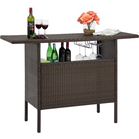 Outdoor Tiki Bar (Best Choice Products Outdoor Patio Wicker Bar Counter Table, Garden & Backyard Furniture w/ 2 Steel Shelves, 2 Sets of)