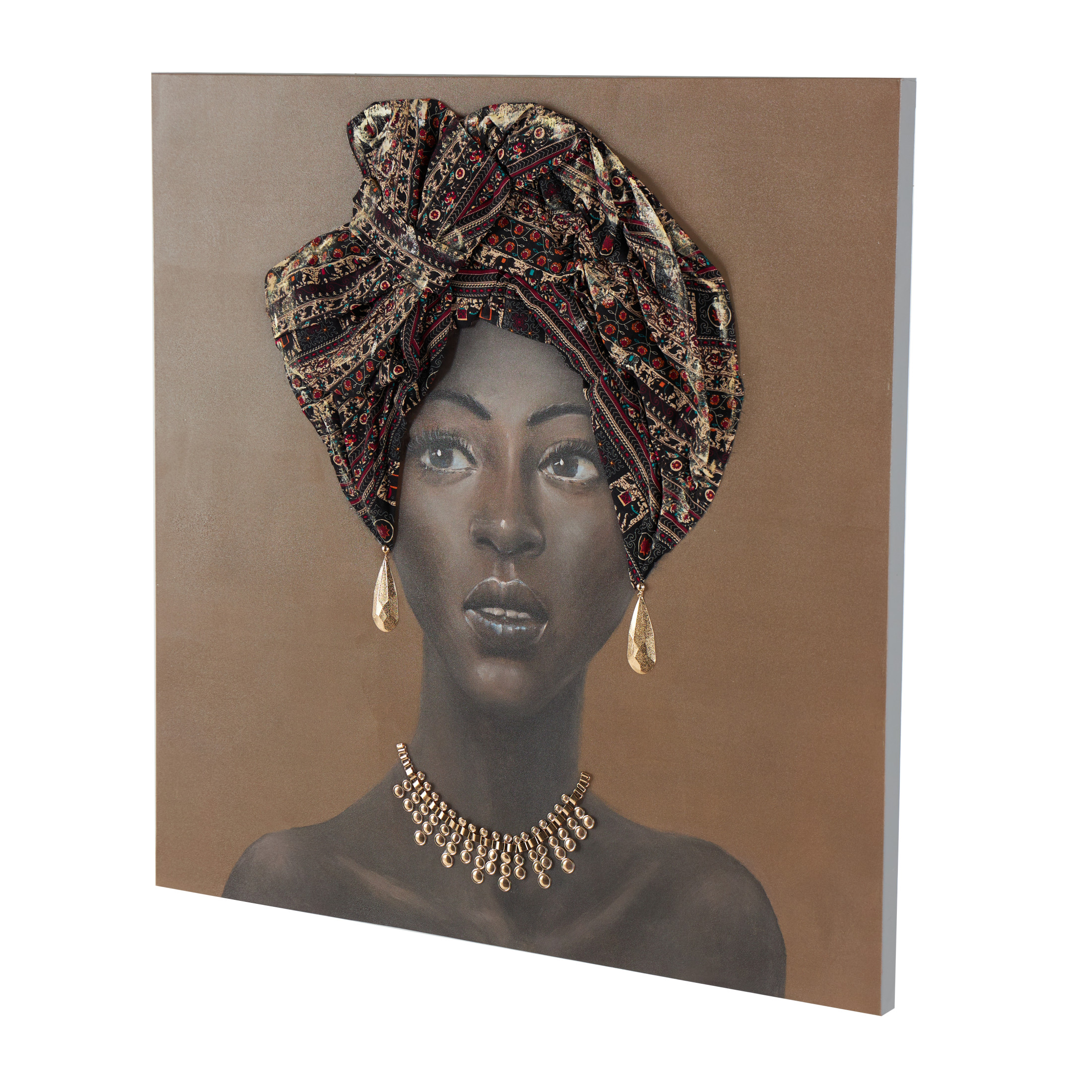 40" x 40" Unframed Woman Wall Art with 3D Fabric Headwear And Gold Jewels, by DecMode