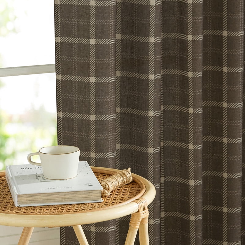 NICETOWN Plaid Curtains 63 inches Long, Linen Grid Pattern Light Filtering Privacy Shade for Kitchen Bedroom, Farmhouse Rod Pocket Back Tab Semi Sheer Curtains, Taupe, 2 Panels