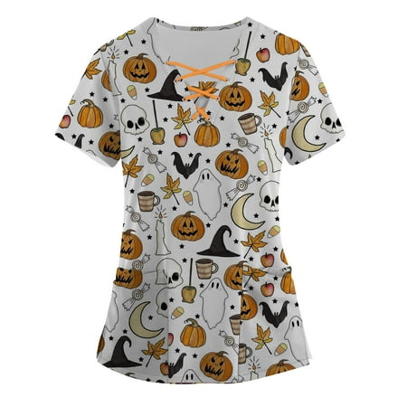 

TMOYZQ Scrubs for Women Halloween Print Professional Scrubs Tops Short Sleeve V Neck Bandage Nursing Workwear Tunic Working Uniform Blouse Medical Blouse with Pockets