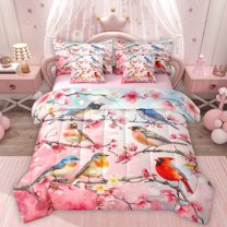 Homewish Peach Blossom 7-Piece Bedding Comforter Set,Cute Cardinal Bird King Bedding Sets,Pink Flower Floral Bed Sheets For Teens,Super Cozy Room Decor Reversible