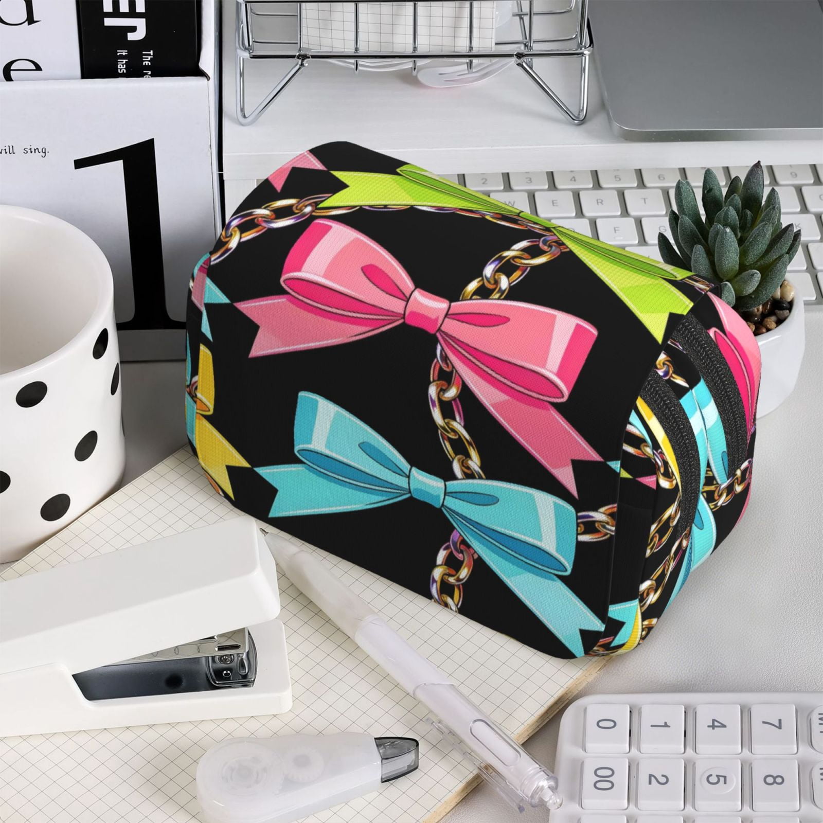 Large-Capacity Flip-Top Double-Layer Pencil Case, Multi-Functional Pocket Pen Case, Durable Stationery Organizer Colorful Bow Chain