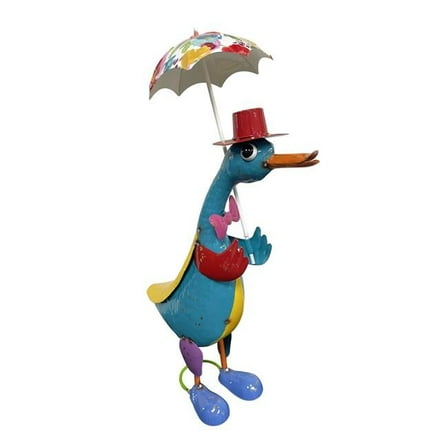 Continental Art Center 23262B Colorful Enameled Metal Duck with Umbrella Statue - Blue