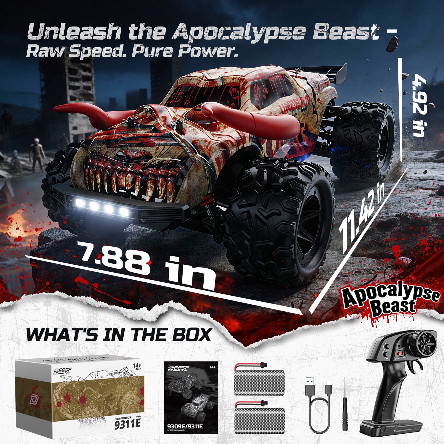 DEERC 9311E All Terrain Fast RC Cars for Adults 40KPH,4WD Electric Off-Road Remote Control Monster Truck,2.4Ghz High Speed Car,Waterproof Monster Truck with 2 Batteries for Boys & Kids