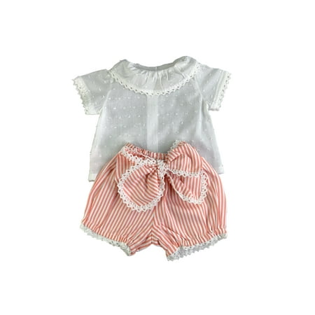 

White Round Ruffled Collar Blouse and White-Coral Stripe Bubble Shorts-Toddler Girl Set