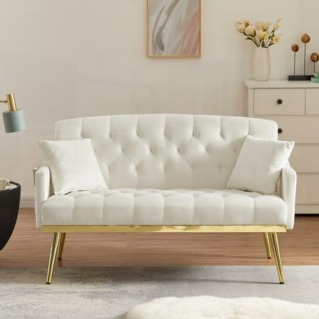 2-SEATER SOFA WITH CREAM WHITE VELVET UPHOLSTERY & METAL GOLD LEGS, EASY TO ASSEMBLE