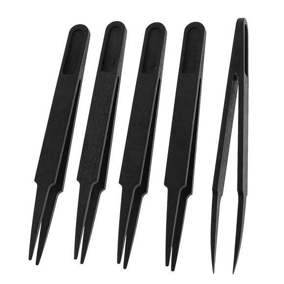 4.5" Long Black Plastic Tapering Tip Tweezers Repair Tool 5 Pcs