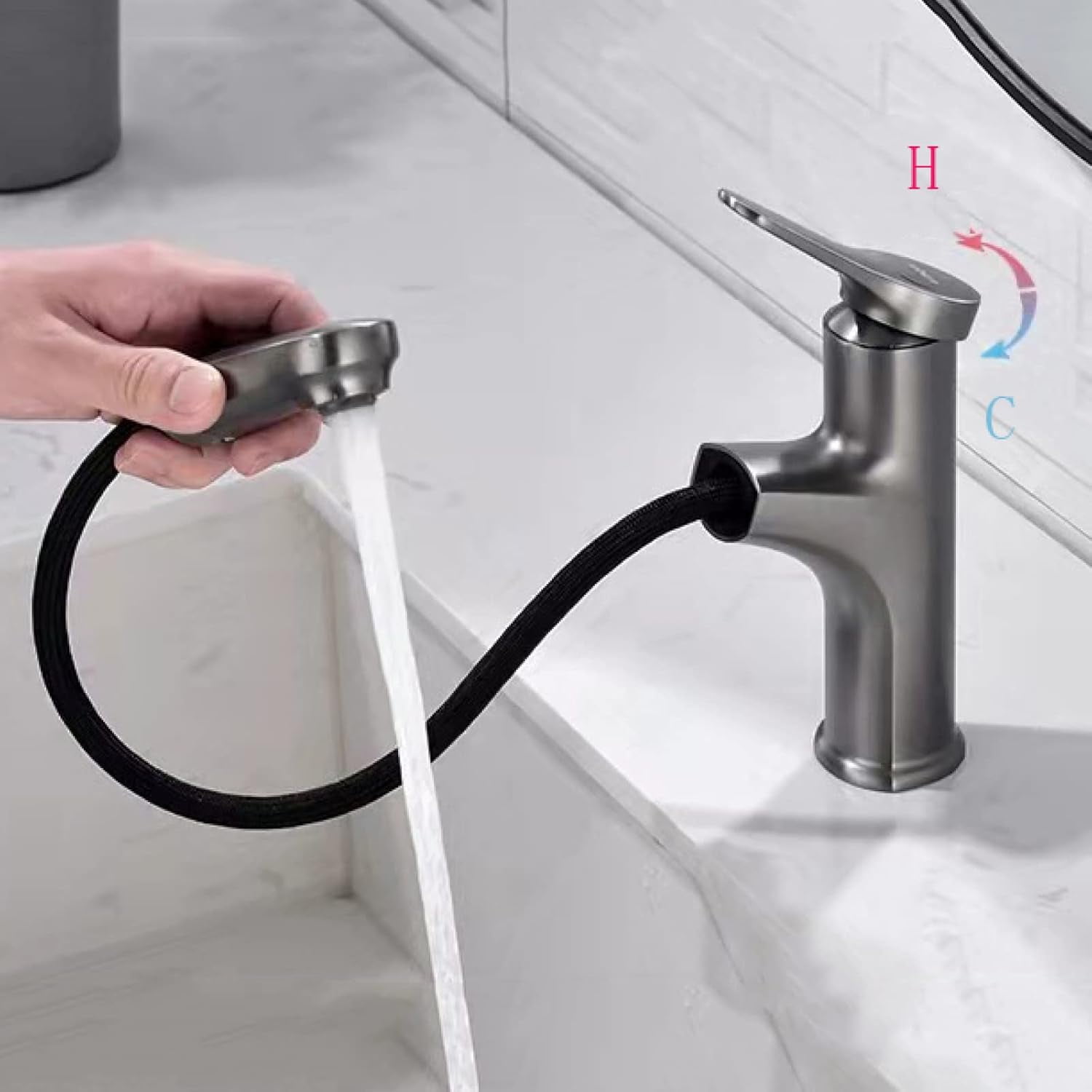 Bathroom Sink Faucet with Sprayer Retractable Sink Faucet Bathroom Single Hole Hot and Cold Water Mixer Tap Single Handle 360° Rotatable Multi-Function, Bathroom Pull Down Sink Faucet,Gun Grey