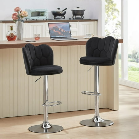 VECELO Bar Stools Set of 2, Modern Velvet Adjustable Barstools with Petal Backs and Footrest, Counter Height Swivel Stool Chairs for Home Bar/Kitchen/Dining Bar, Black