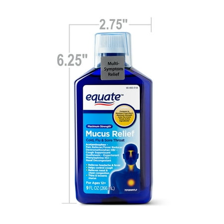 Equate Maximum Strength Mucus Relief: Cold, Flu & Sore Throat Liquid, 650 mg, 9 fl oz