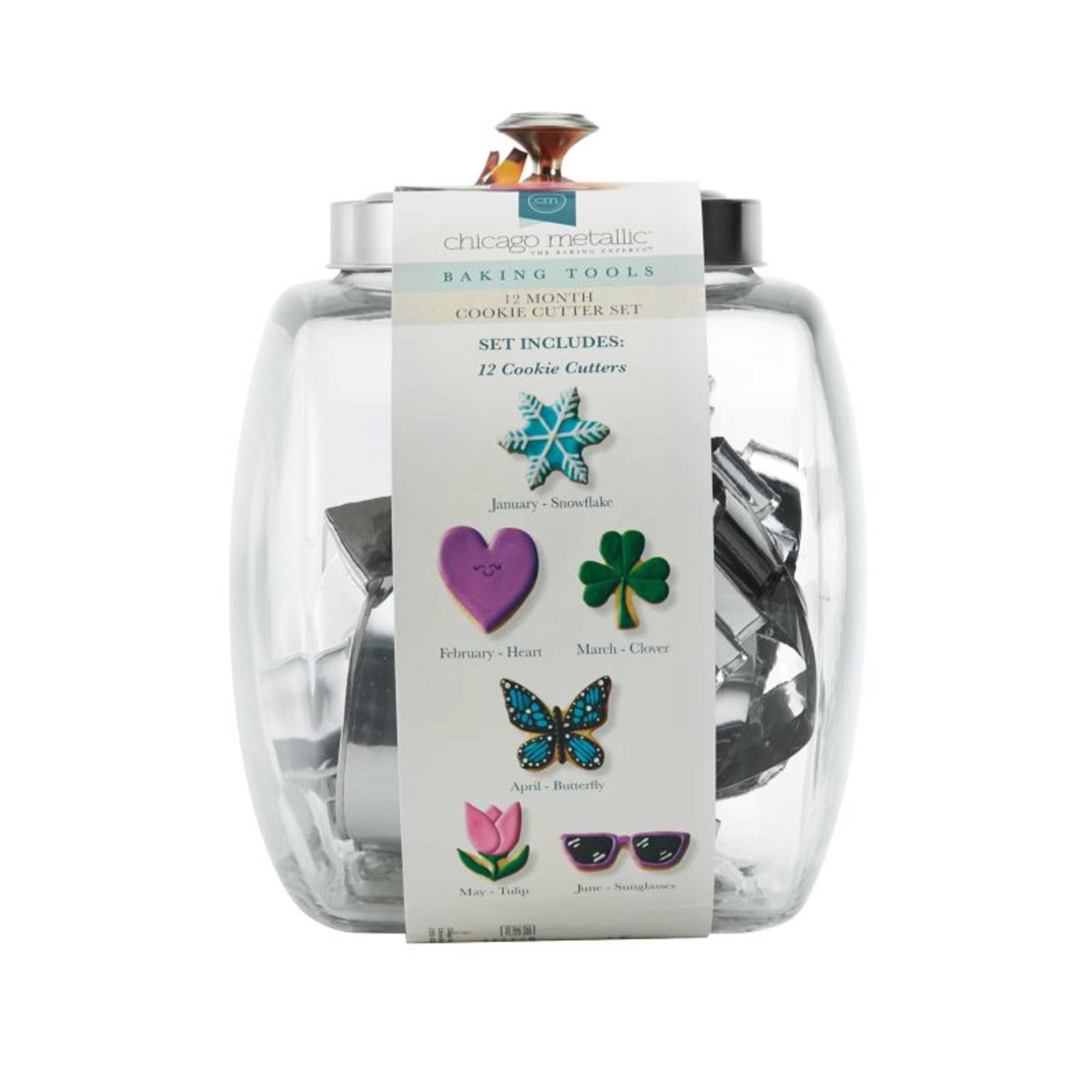 Chicago Metallic 12 Month Cookie Cutter Set in Glass and Stainless Steel Jar