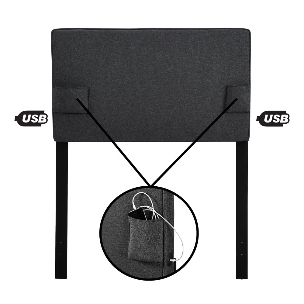 USB Panel Headboard w/ Storage Pockets, Twin, Gray