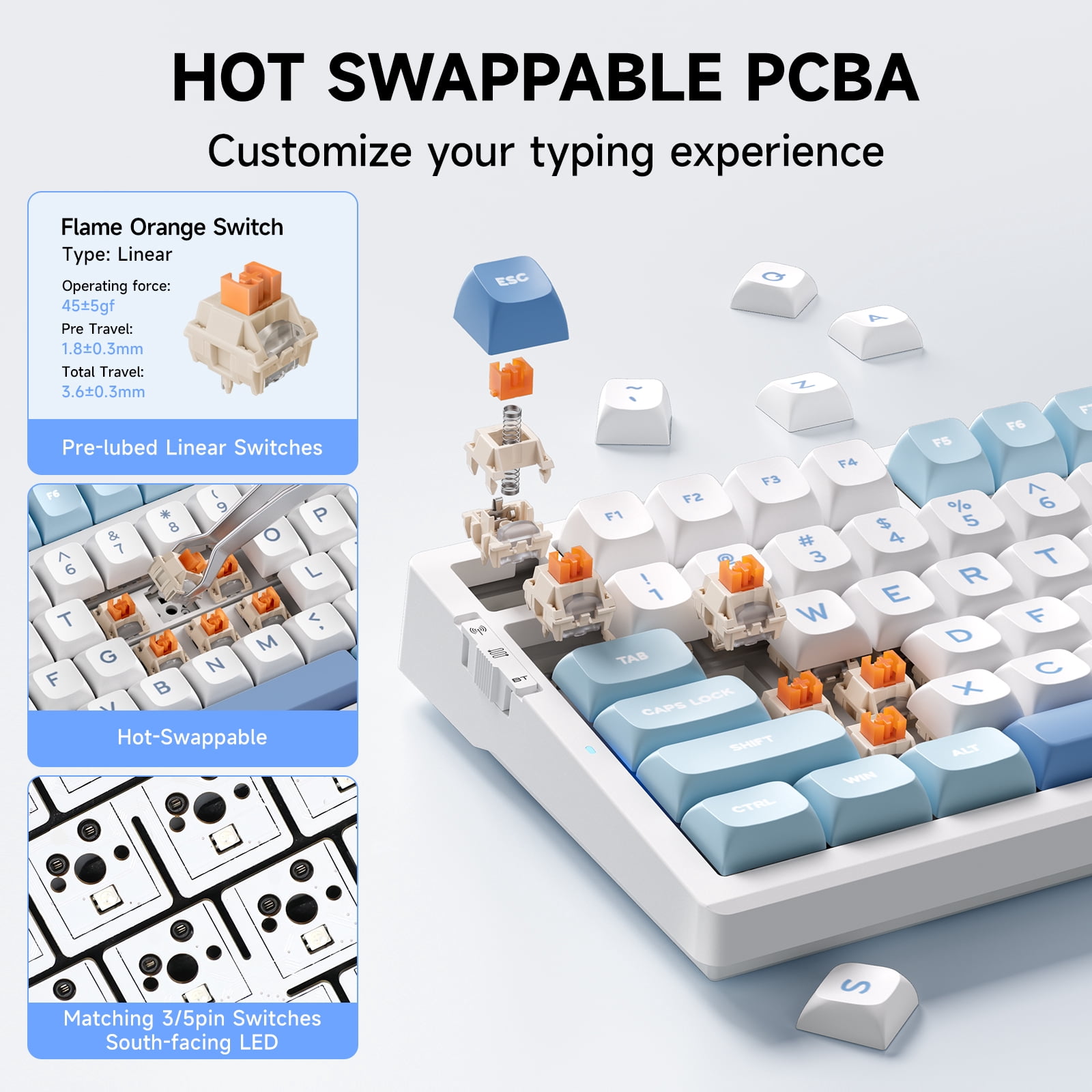 MCHOSE G98 Pro Wireless Mechanical Keyboard, Bluetooth 5.0/2.4GHz/USB-C Hot Swappable Custom Keyboard, Gasket Structure, Double Shot PBT Keycaps, RGB Backlit Gaming Keyboard