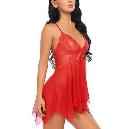 Women s babydoll nightgown with deep V-neck Women s lingerie pajamas made of lace