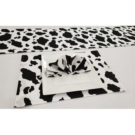 

Black & White Cow Spots Placemat Table Runner Cloth Napkins Set by Penny s Needful Things (4 Napkins & 4 Placemats) (8 Feet Long Table Runner) (Black)