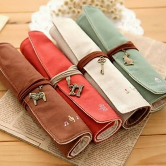 Yesbay Canvas Stationery Bag Pen Pencil Holder Roll Up Brush Makeup Case Pouch