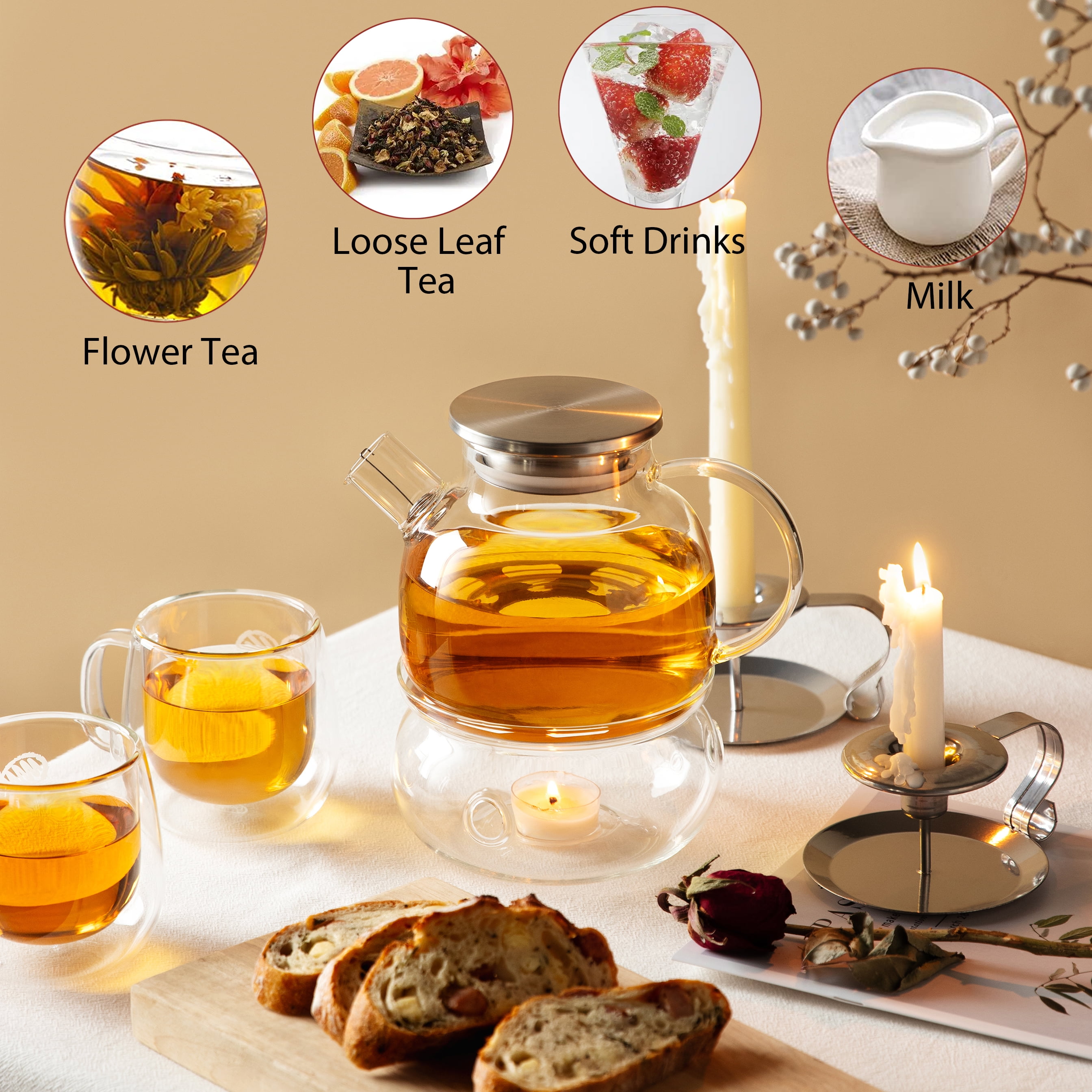 CNGLASS 1100ml Glass Teapot with Infuser,Clear Glass Tea Kettle with  Removable Stainless Steel Strainer,Stovetop Safe Glass Teapot for Blooming  and