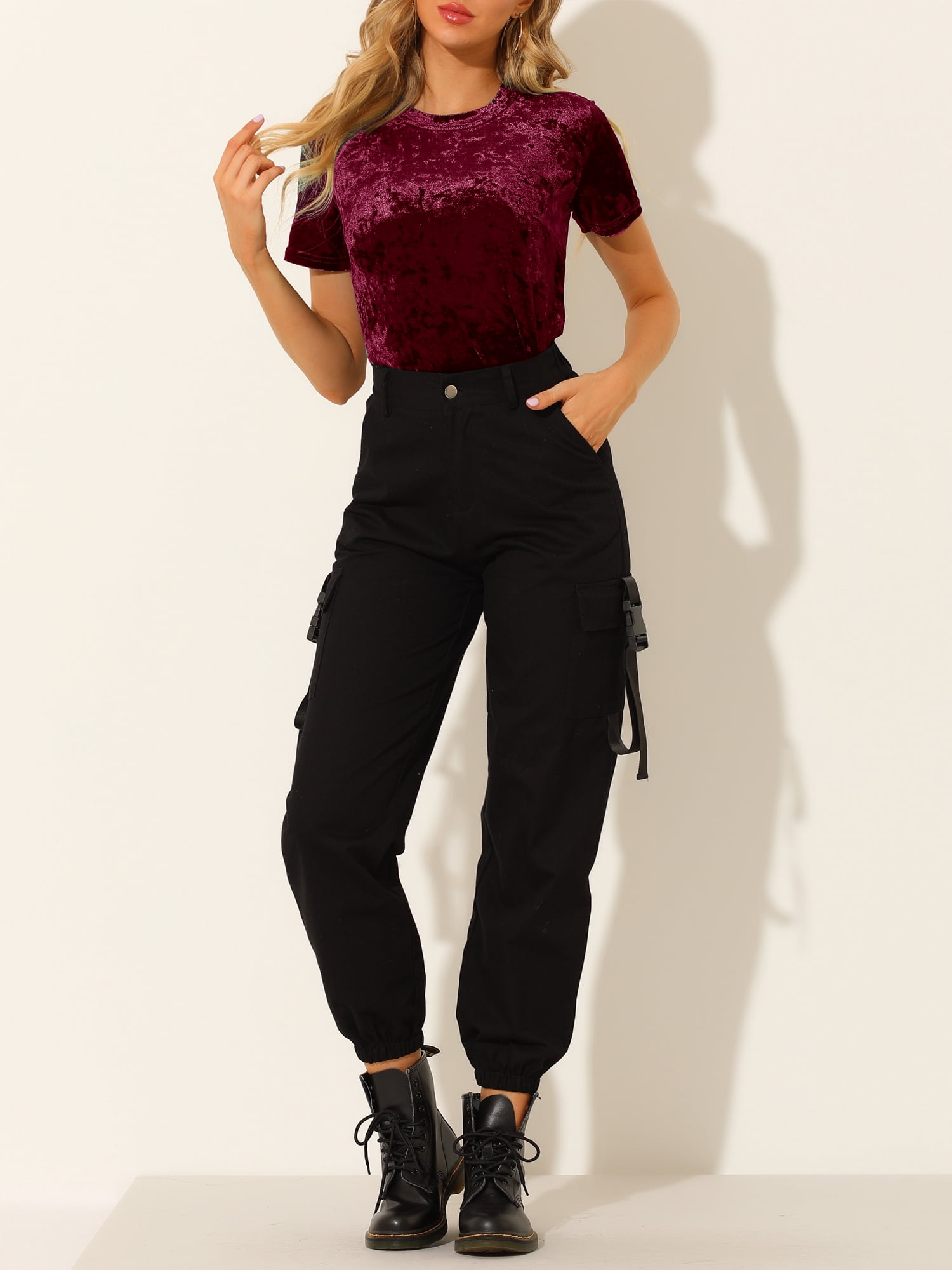 DARING DIVA Women's Velvet Blouse Tops Crew Neck Short Sleeve T-Shirt XL Burgundy