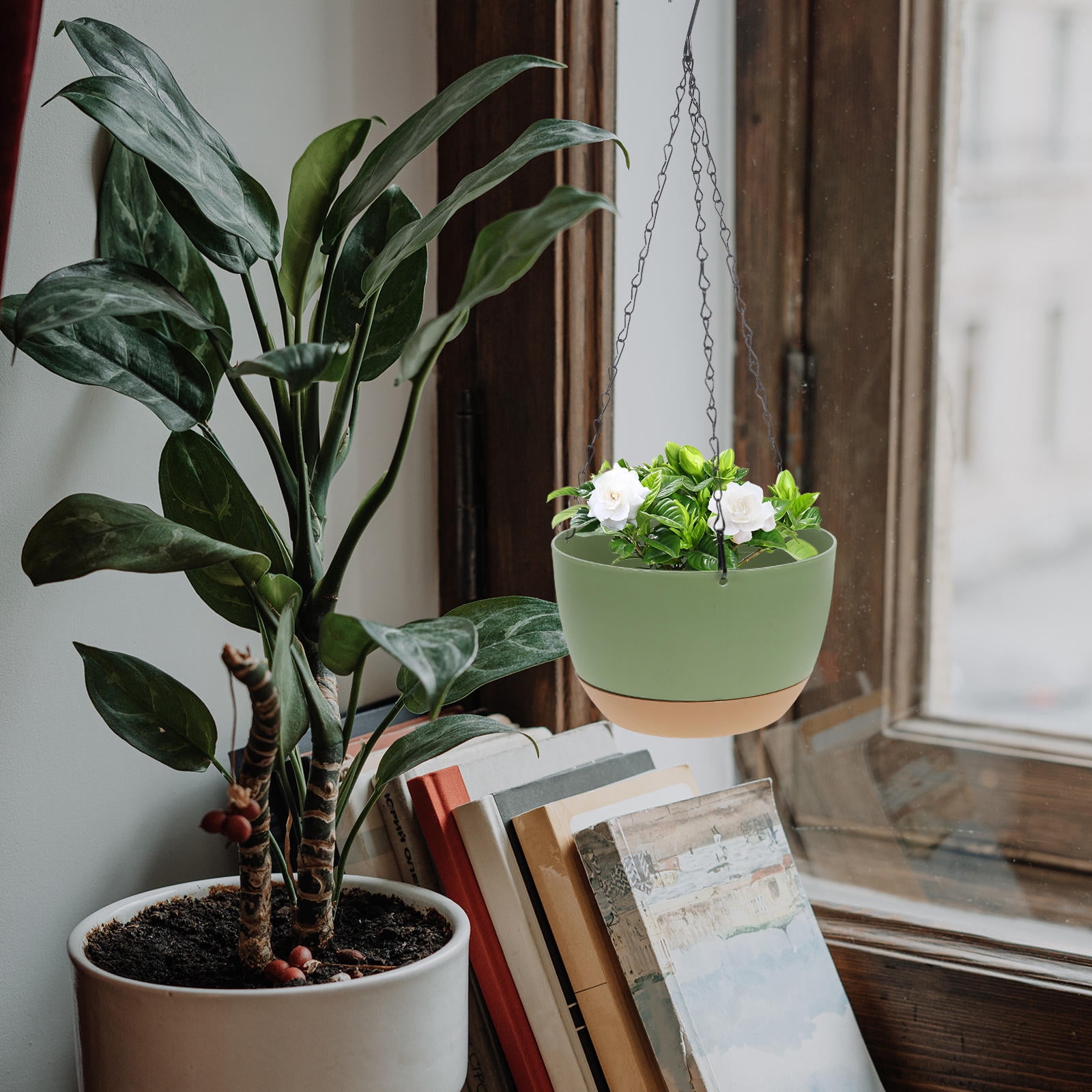 WORGEOUS 4 pcs Hanging Planter Self Watering Basket with Chain Hook Round Hanging Flower Pot Deep Container Box for Plants Decoration Green
