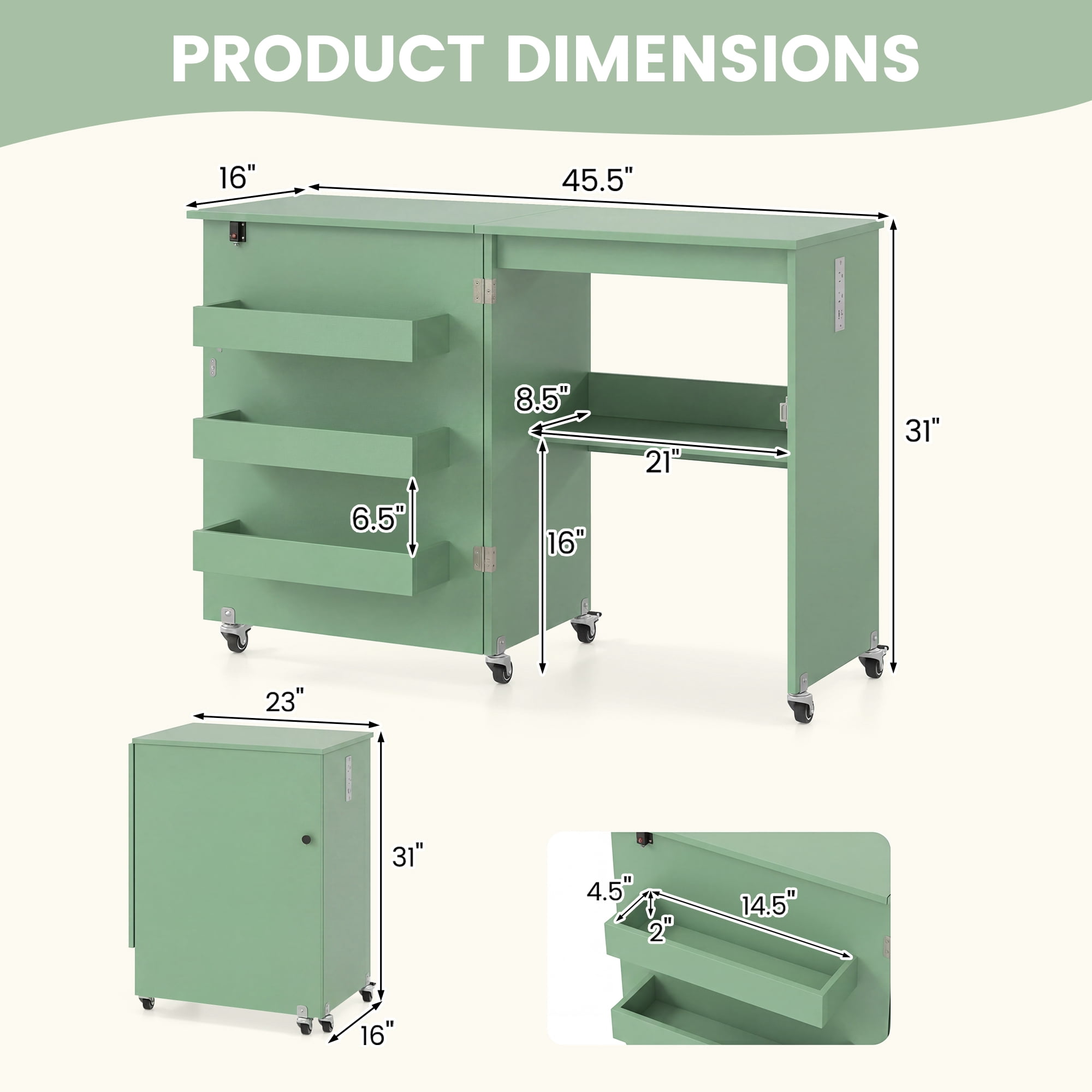 Costway Folding Sewing Machine Table with Power Outlets, 3 Storage Bins & Open Shelf Olive Green