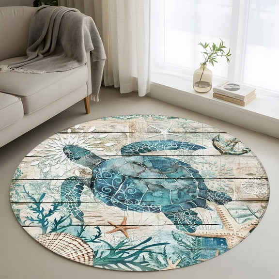 Teal Sea Turtle Coastal Round Rug 3ft Washable Circle Entryway Rugs Non Slip Summer Beach Nautical Starfish Retro Area Rug Indoor Floor Carpet for Bedroom Kitchen Office Dining Room Nursery