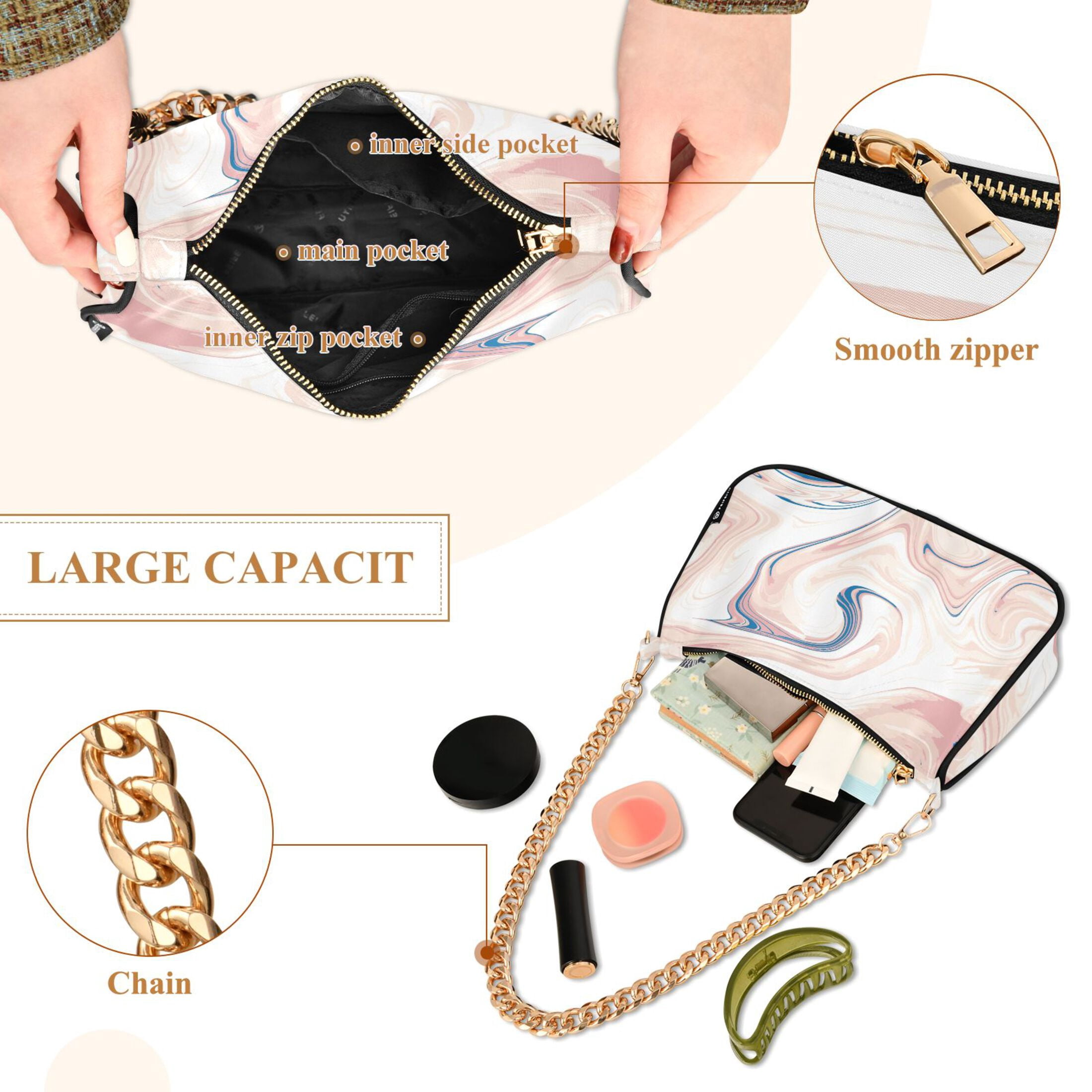 Beige Tan Marble Womens Chain Shoulder Bag Tote Handbag Clutch Hobo Purse with Zipper for Travel Casual