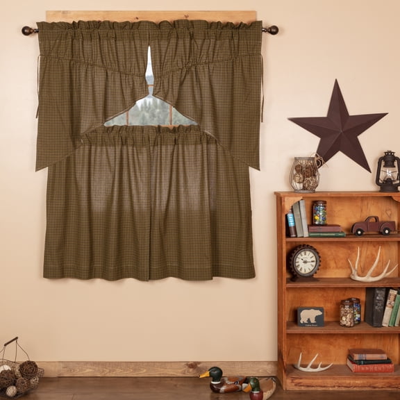 VHC Brands Tea Cabin 4 PC Moss Green Plaid Curtain Set (2 Prairie Swag 36x18 and 2 Tier 36x36)