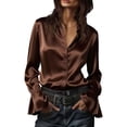 thumbnail image 2 of Women's Satin Button Down Shirt, Long Sleeve Bell Sleeve Blouse, Elegant Solid Color Collared Top for Wrinkle Resistant Formal Office Wear and Daily Outfits Brown L, 2 of 5