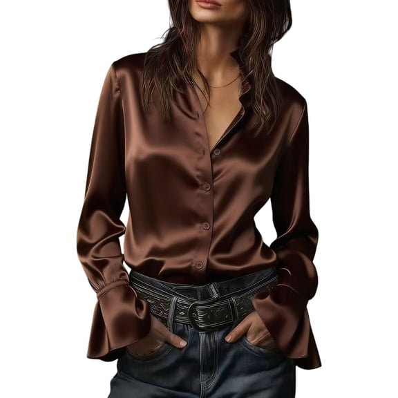 Womens Summer Tops, Duoif Dress Shirt, Long Sleeve Formal Wear Shirts for Women Brown L