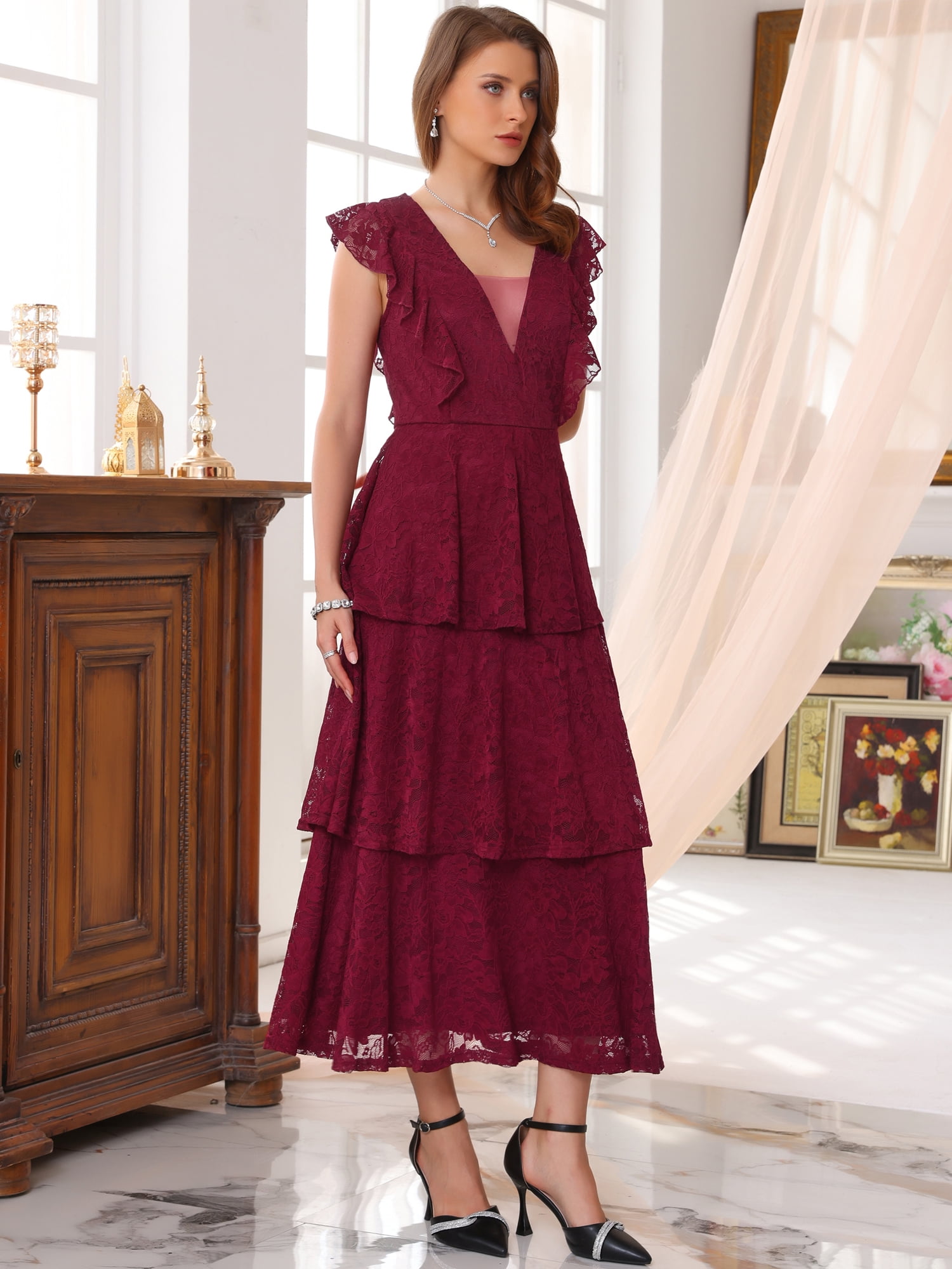 DARING DIVA Women's Wedding Guest Cocktail Ruffle Cap Sleeves Dress L Burgundy