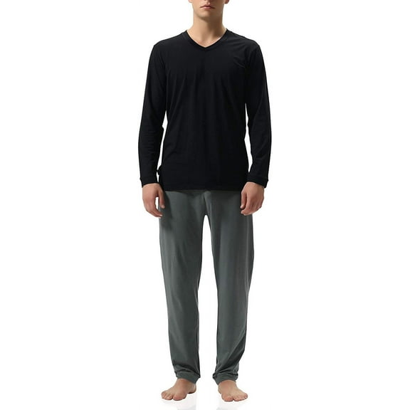 Men's Cotton Jersey Lounge Sleepwear Top and Bottom, Long Sleeve Sleepwear Pajama Set