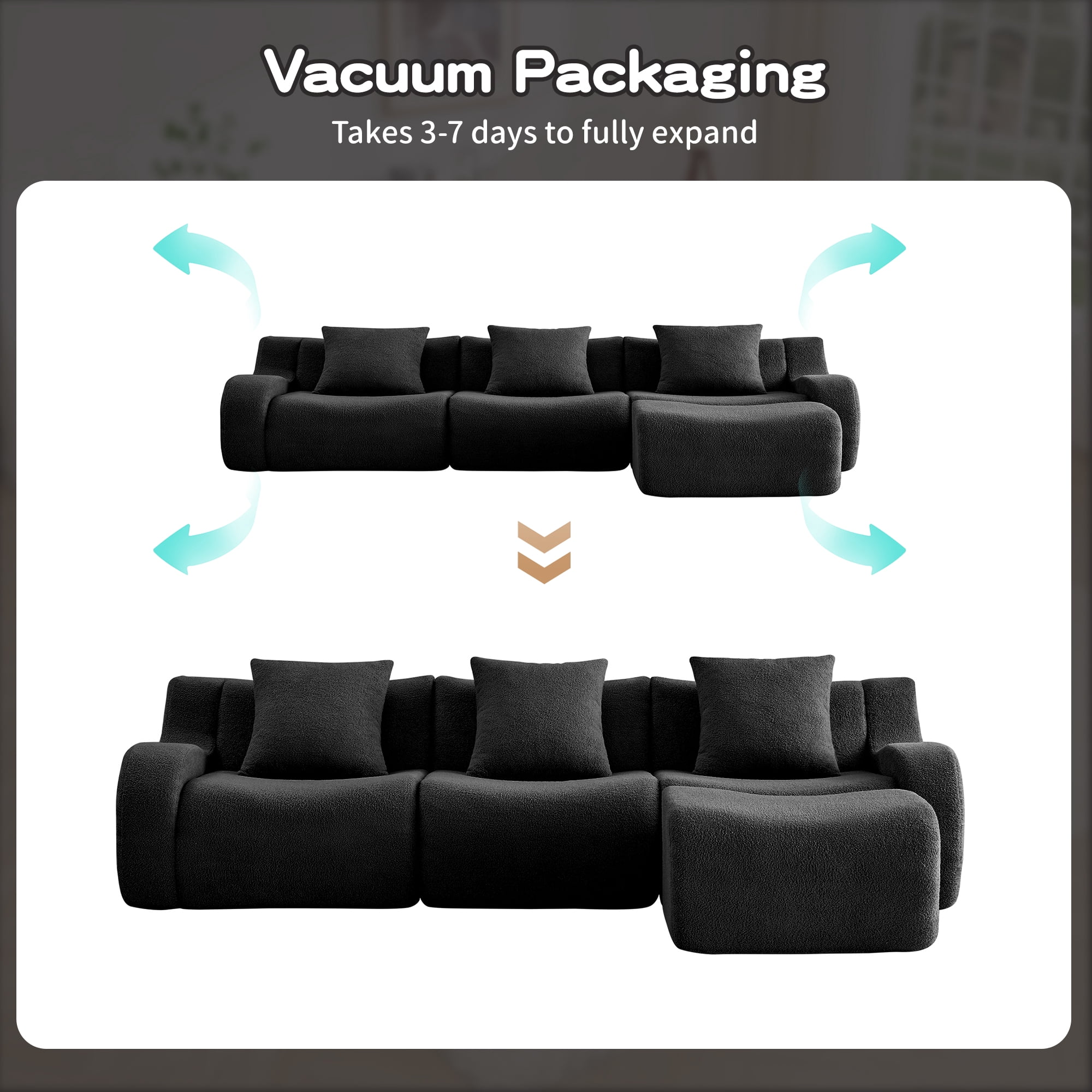 MAYEERTY 115.3" L-Shaped 3-Seat Teddy Fabric Boneless Sofa, Black 300lbs/seat 32D Foam No Assembly Couch with Chaise for Living Room Bedroom