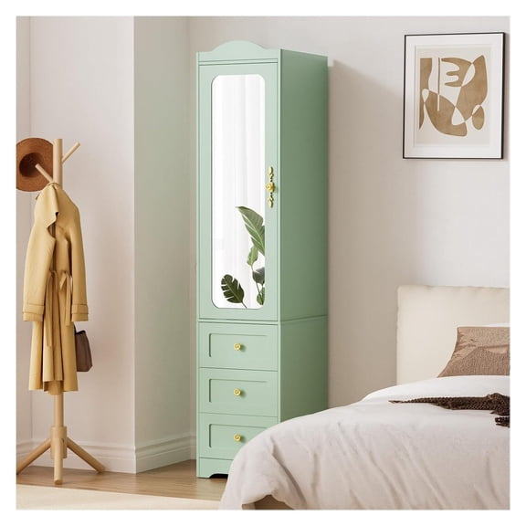 Armoire Wardrobe Closet, 69.5" Wood Bedroom Armoire with Mirror, 3 Drawers - Green Clothing Storage Cabinet with Sensor Light & Hanging Rod - Left Side
