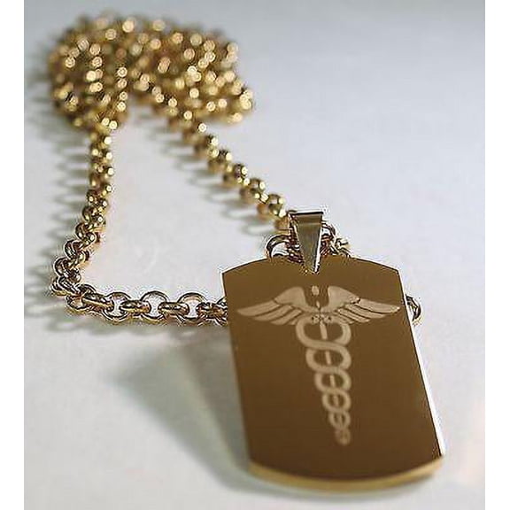 CADUCEUS MEDICAL INSIGNIA IPG GOLD  NECKLACE  DOG TAG STAINLESS STEEL COLOR GOLD