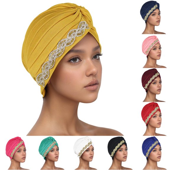 XIAOCHA Beaded‑Trim Turban for Women Pleated Dress‑Occasion Headwrap,Yellow