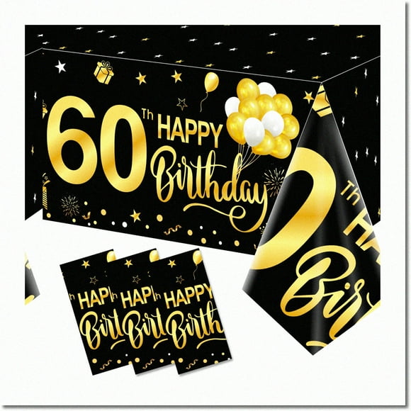 Golden Celebration 60th Birthday Tablecloth Set - Elegant Black and Gold Party Decorations for Men and Women - Premium Disposable Rectangular Table Cover - 3 Pack