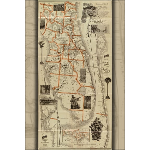 24"x36" Gallery Poster, railroad map of Florida 1894