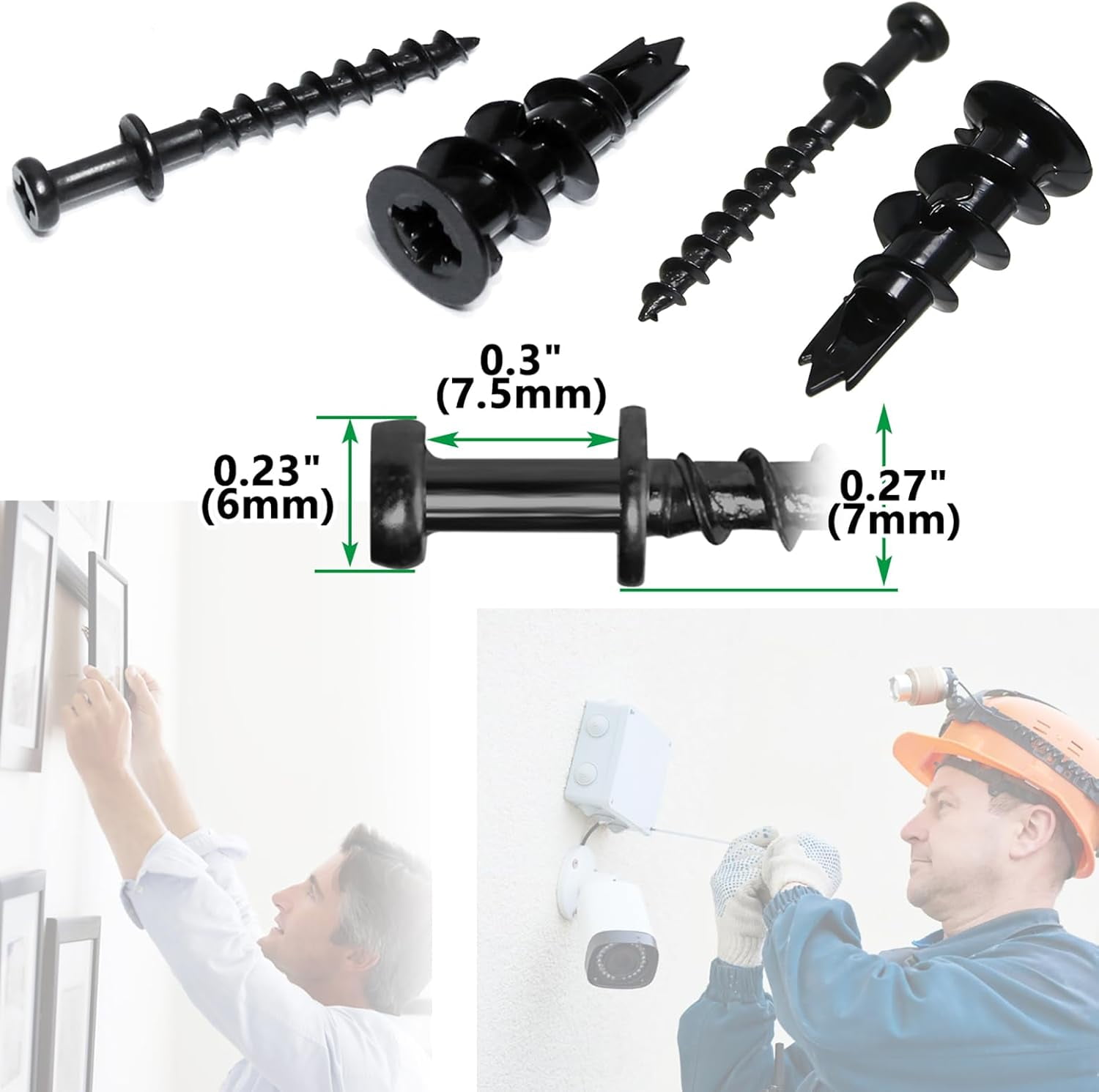 JJEAN-Picture Hanging Kit, Double-Headed Bear Claw Screws & Anchors, Zinc Drywall Picture Hangers for Hanging Pictures Mirrors Sawtooth D-Rings (Black Zinc+Long, 40)