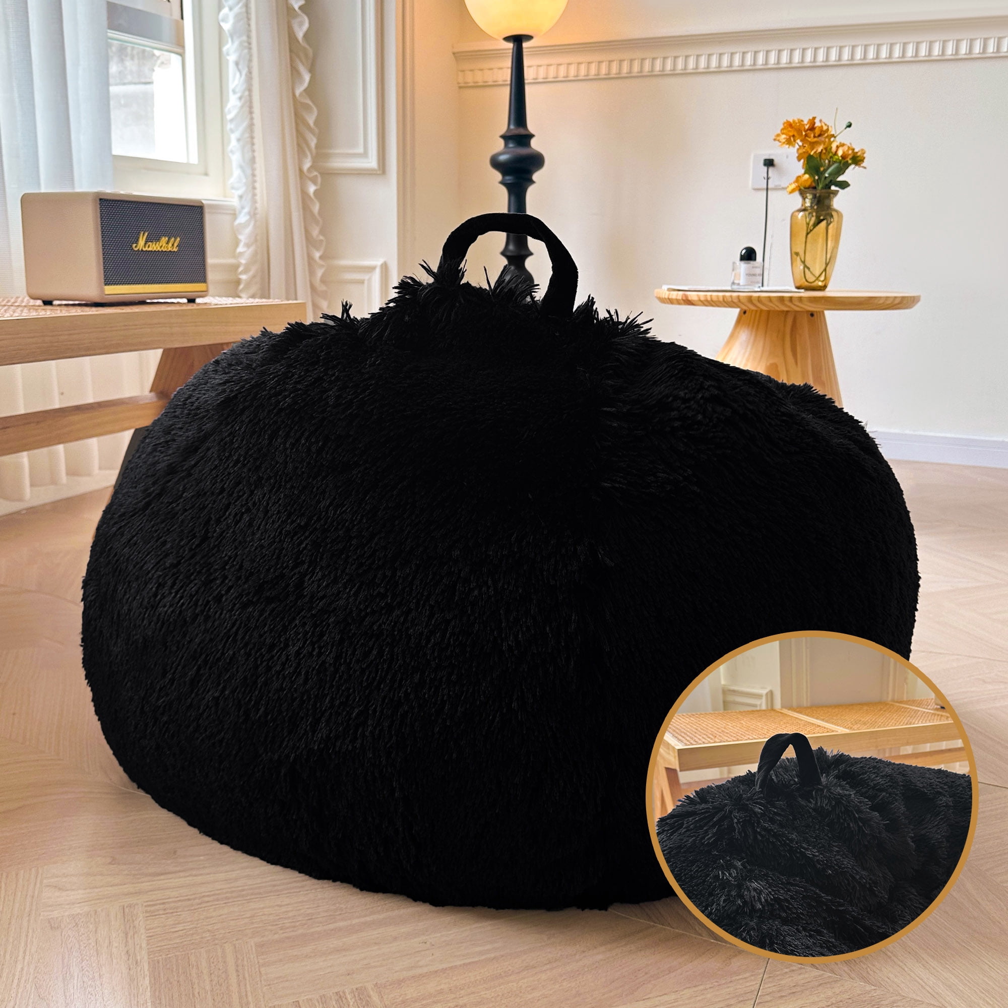 XeGe Fluffy Stuffed Animal Storage Bean Bag Chair Cover(No Filler), Faux Fur Washable Ultra Soft Bean Bag Cover for Plush Toys or Textile, Plush Shaggy Large Bean Bag for Adults Kids Teens, Black